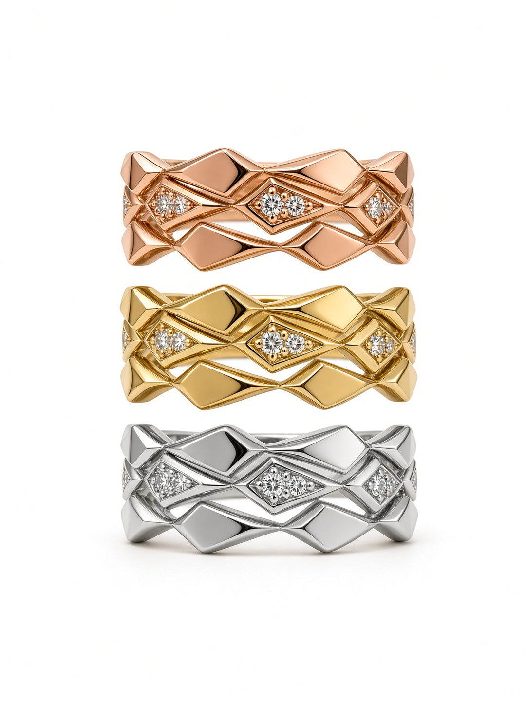 14K Gold Triple Ring Stack with 0.09 CT Lab Diamonds