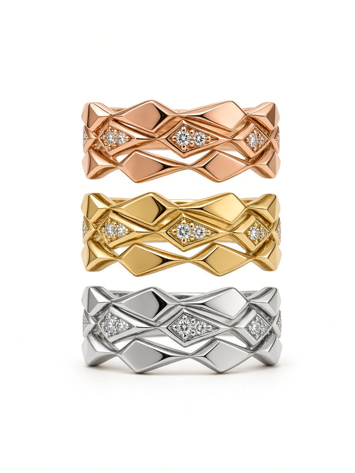14K Gold Triple Ring Stack with 0.09 CT Lab Diamonds
