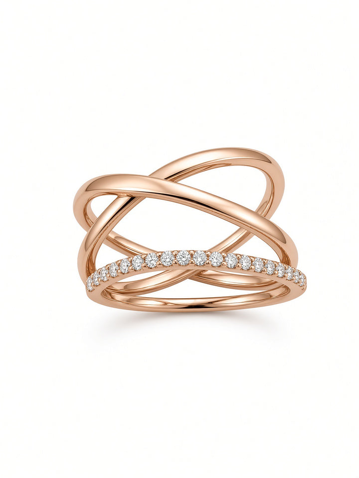 14K Gold X-Shaped &amp; Diamond Curved Ring Set – 0.16CT Lab-Grown Diamonds