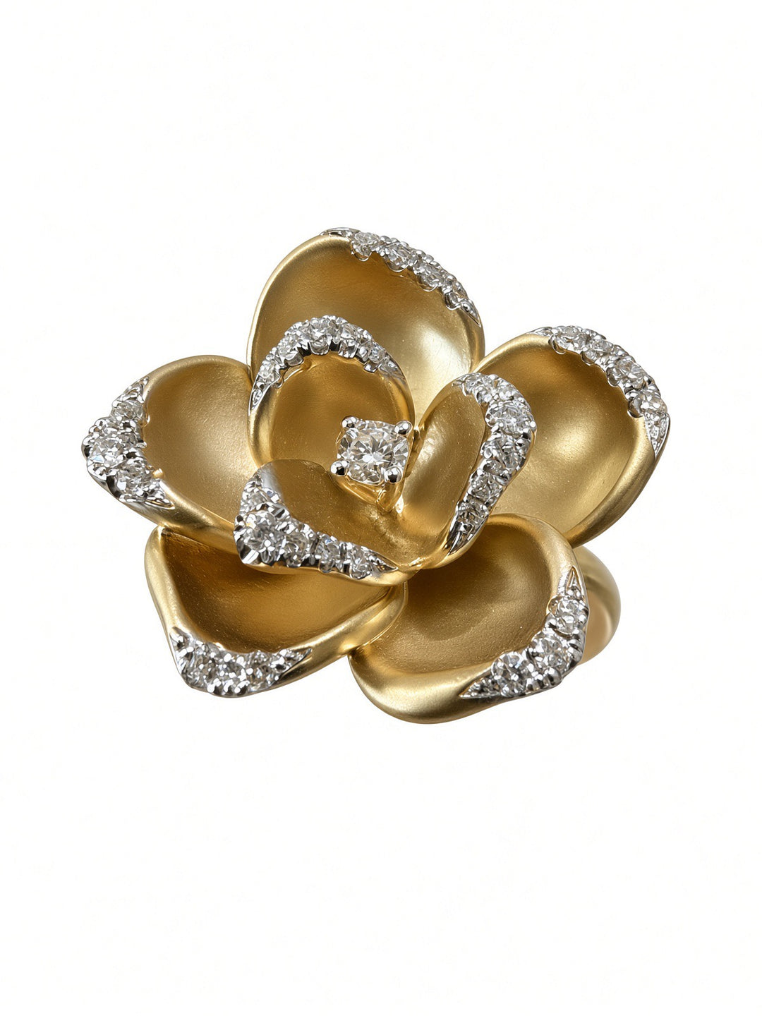 18K Yellow Gold Sculptural Rose Ring with 0.23CT Natural Diamonds