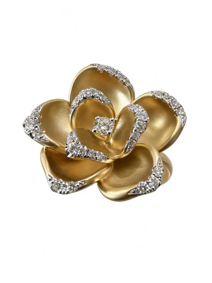 18K Yellow Gold Sculptural Rose Ring with 0.23CT Natural Diamonds