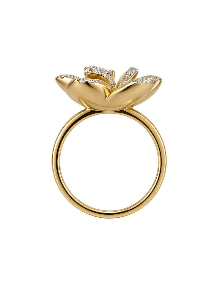 18K Yellow Gold Sculptural Rose Ring with 0.23CT Natural Diamonds
