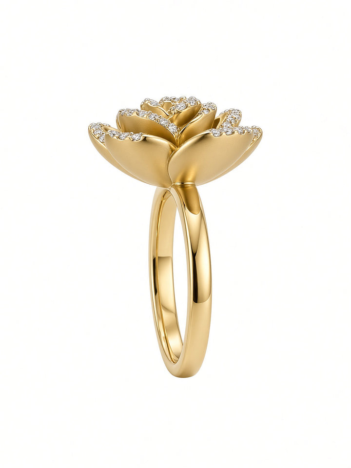 18K Yellow Gold Sculptural Rose Ring with 0.23CT Natural Diamonds