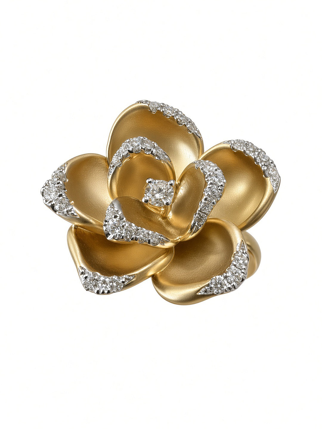 18K Yellow Gold Sculptural Rose Ring with 0.23CT Natural Diamonds