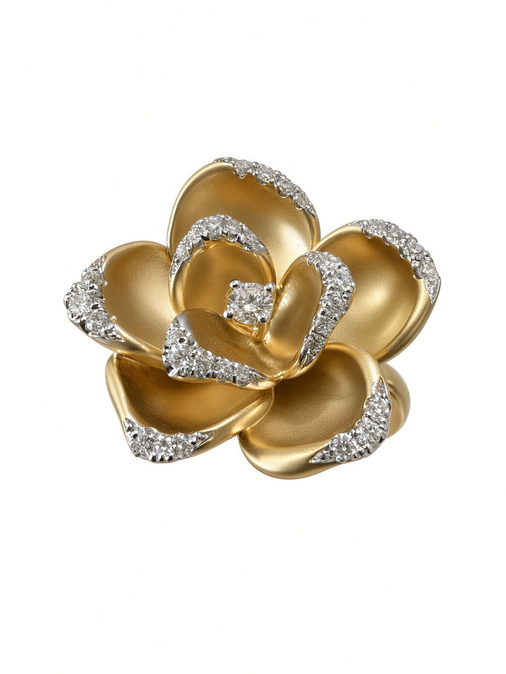 18K Yellow Gold Sculptural Rose Ring with 0.23CT Natural Diamonds