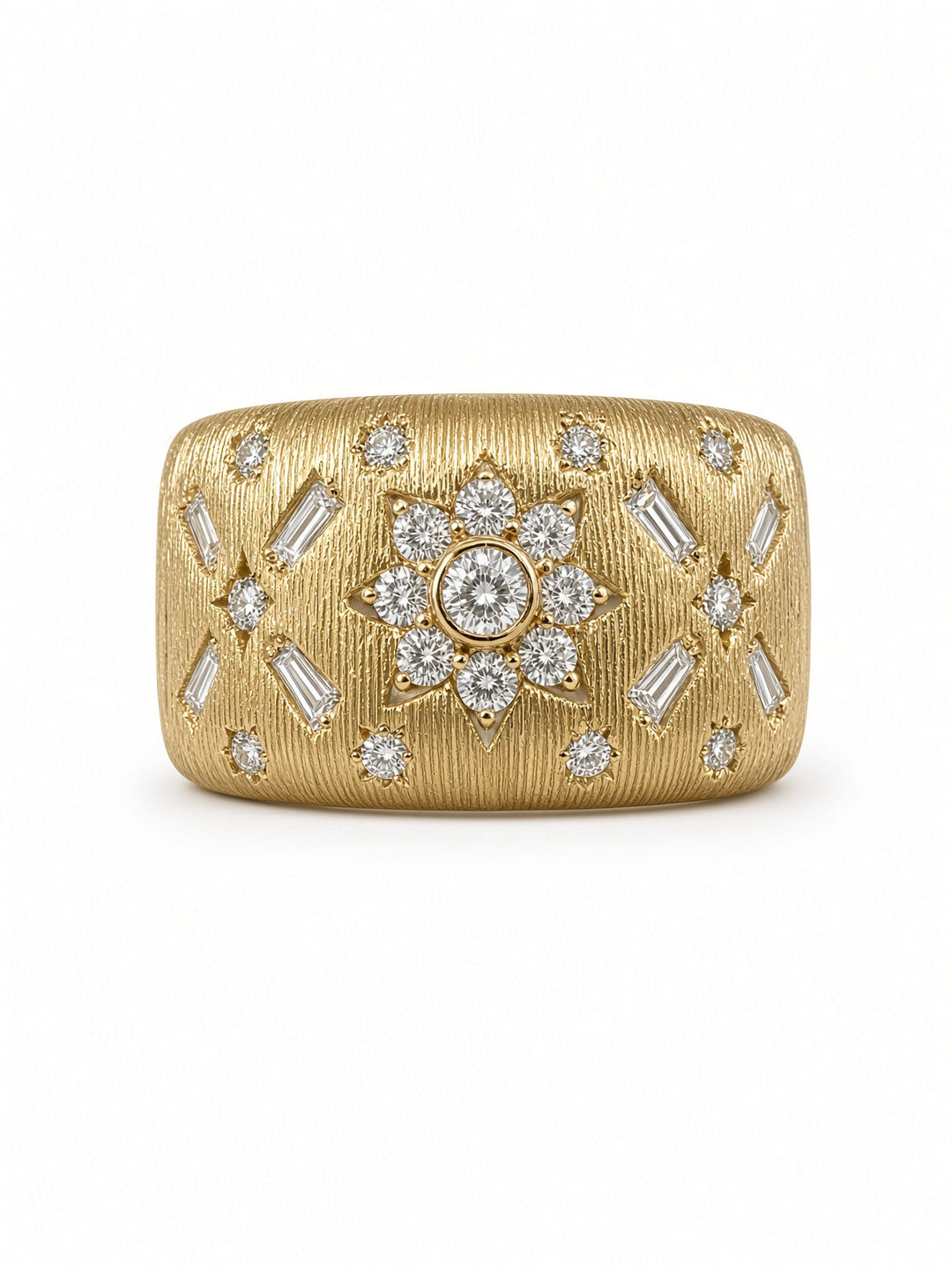 14K Yellow Gold Brushed Wide Band Ring with 0.35CT Natural Diamonds