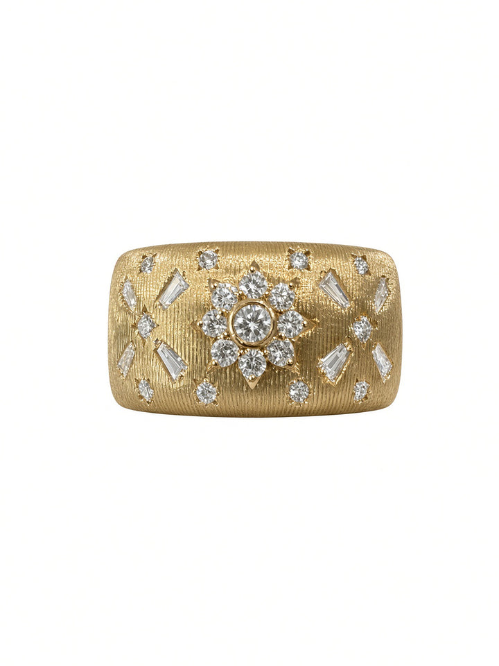 14K Yellow Gold Brushed Wide Band Ring with 0.35CT Natural Diamonds