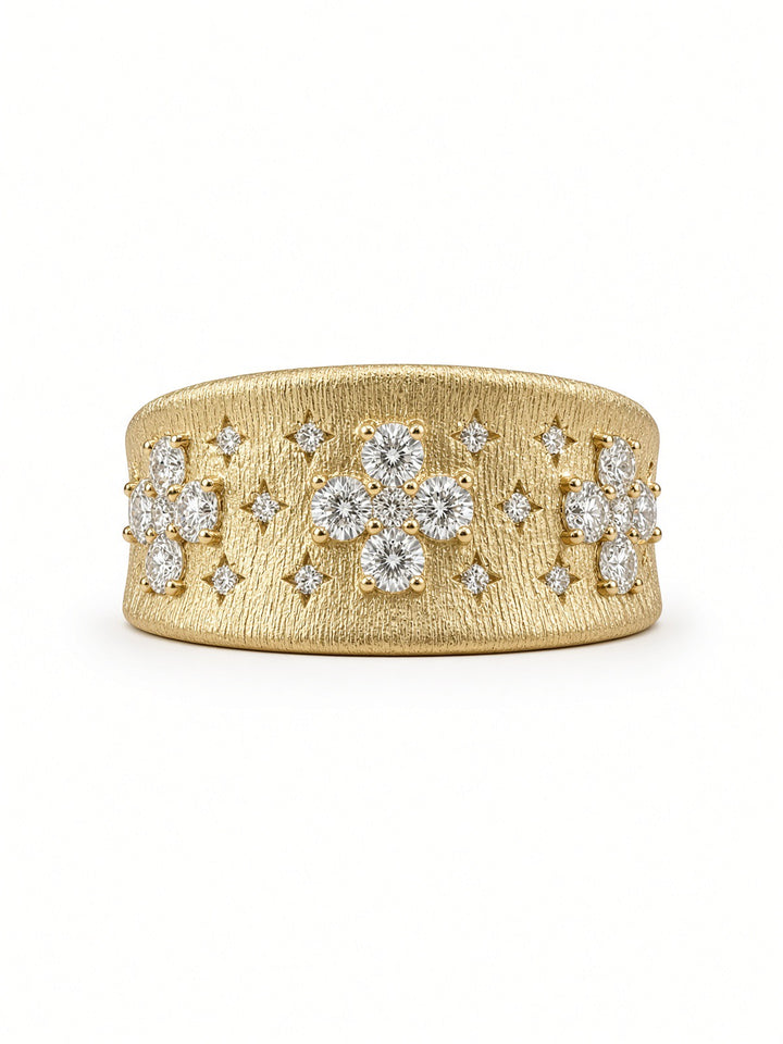18K Yellow Gold Brushed Wide Band Ring – 0.51CT Natural Round Brilliant Diamonds