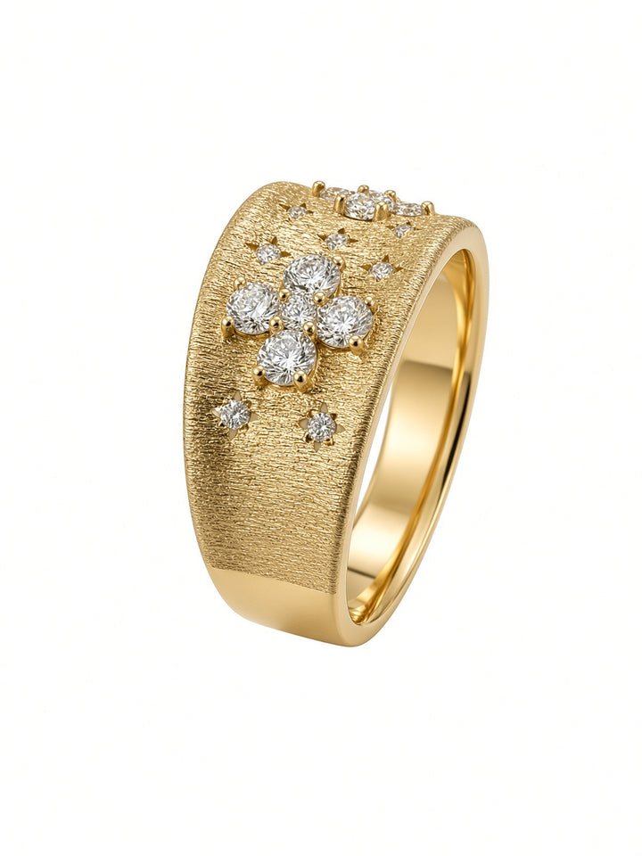18K Yellow Gold Brushed Wide Band Ring – 0.51CT Natural Round Brilliant Diamonds