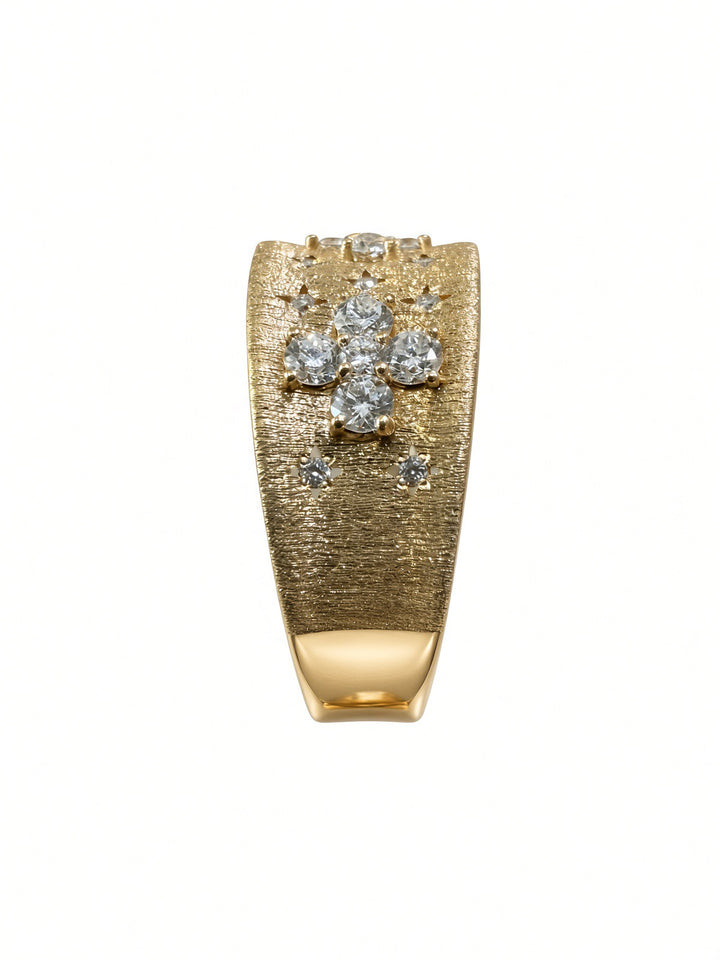 18K Yellow Gold Brushed Wide Band Ring – 0.51CT Natural Round Brilliant Diamonds