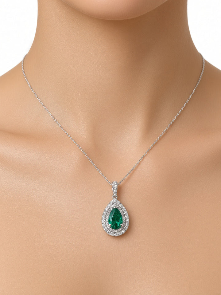 Aria 1.14CT Lab Emerald &amp; Natural Diamond Pendant in 18K White Gold on a 14K White Gold Chain