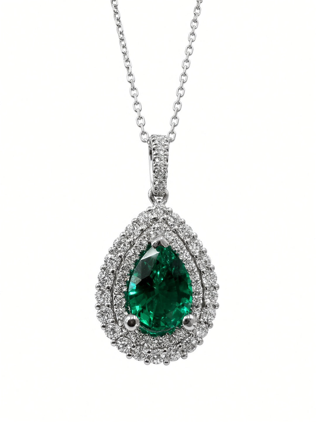 Aria 1.14CT Lab Emerald &amp; Natural Diamond Pendant in 18K White Gold on a 14K White Gold Chain