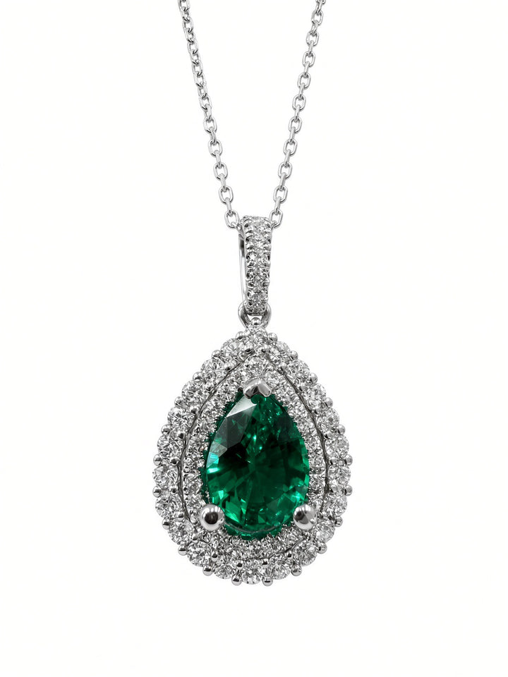 Aria 1.14CT Lab Emerald &amp; Natural Diamond Pendant in 18K White Gold on a 14K White Gold Chain