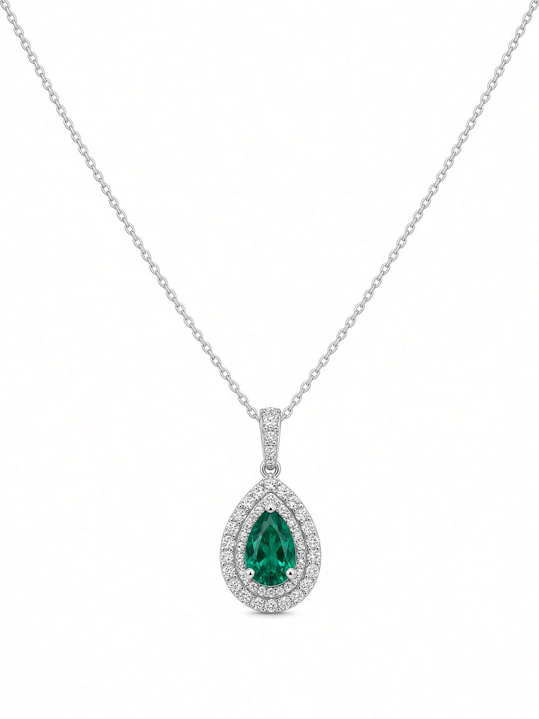 Aria 1.14CT Lab Emerald &amp; Natural Diamond Pendant in 18K White Gold on a 14K White Gold Chain