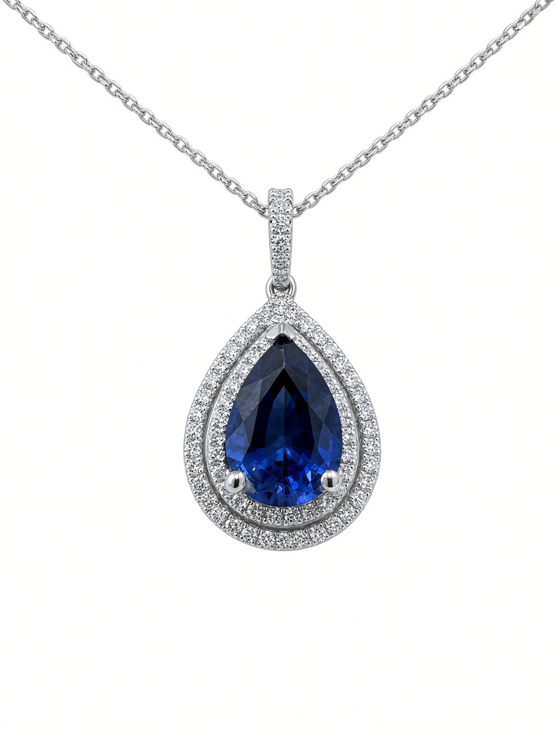 Aria 2.51CT Lab Sapphire &amp; Natural Diamond Pendant in 18K White Gold and 14K White Gold Chain