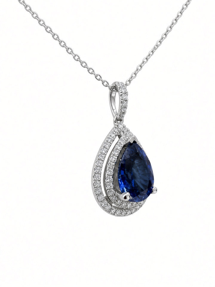 Aria 2.51CT Lab Sapphire &amp; Natural Diamond Pendant in 18K White Gold and 14K White Gold Chain