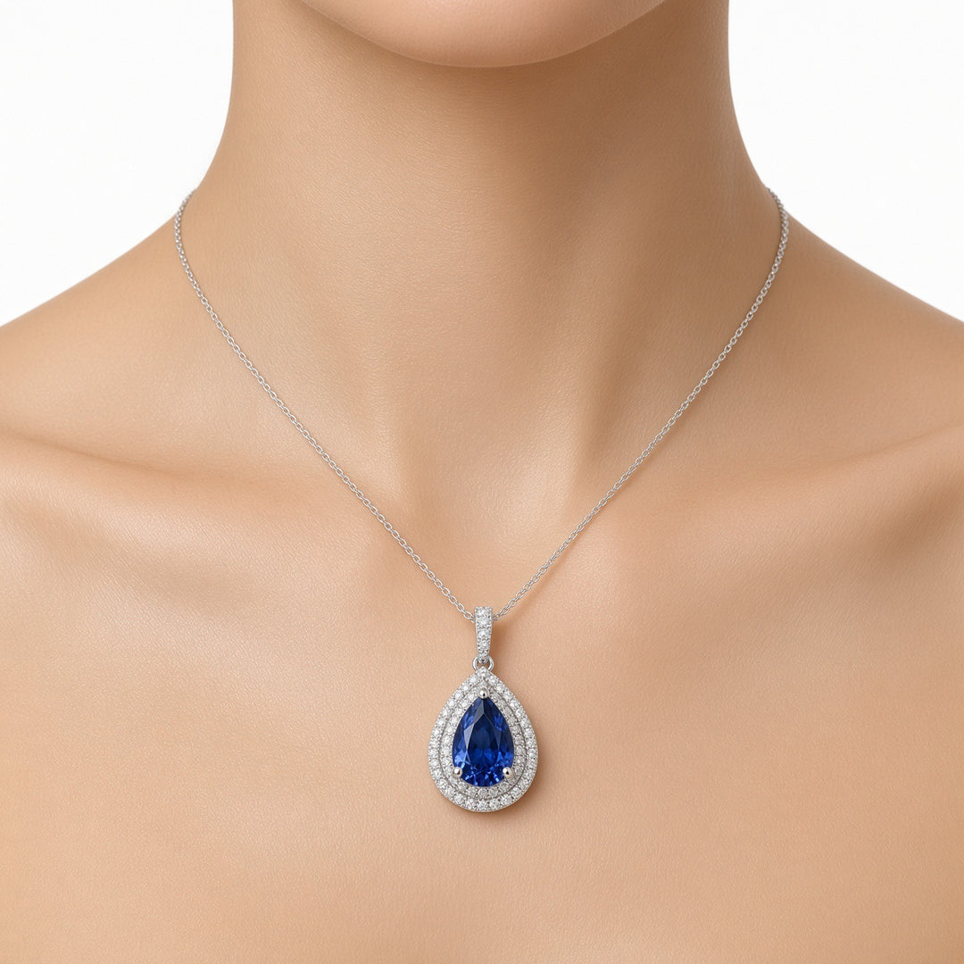 Aria 2.51CT Lab Sapphire &amp; Natural Diamond Pendant in 18K White Gold and 14K White Gold Chain