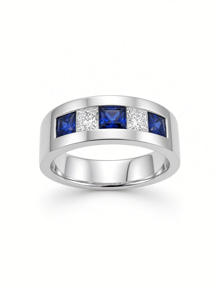 Men’s 14K White Gold Sapphire &amp; Diamond Band – 0.45CT Sapphire, 0.65CT Diamonds