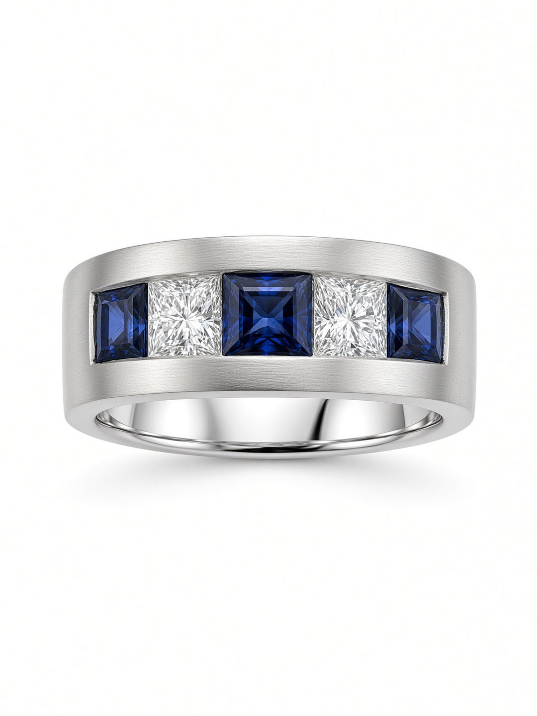 Men’s 14K White Gold Sapphire &amp; Diamond Band – 0.45CT Sapphire, 0.65CT Diamonds