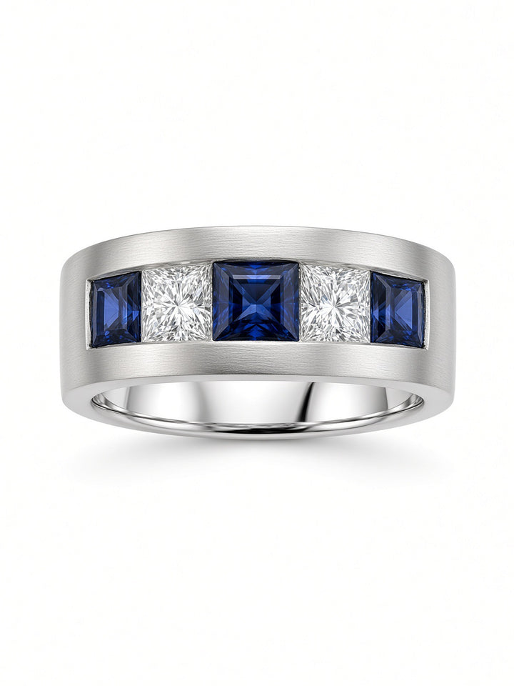 Men’s 14K White Gold Sapphire &amp; Diamond Band – 0.45CT Sapphire, 0.65CT Diamonds