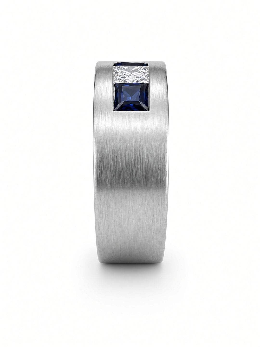 Men’s 14K White Gold Sapphire &amp; Diamond Band – 0.45CT Sapphire, 0.65CT Diamonds