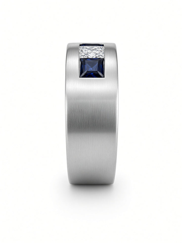 Men’s 14K White Gold Sapphire &amp; Diamond Band – 0.45CT Sapphire, 0.65CT Diamonds