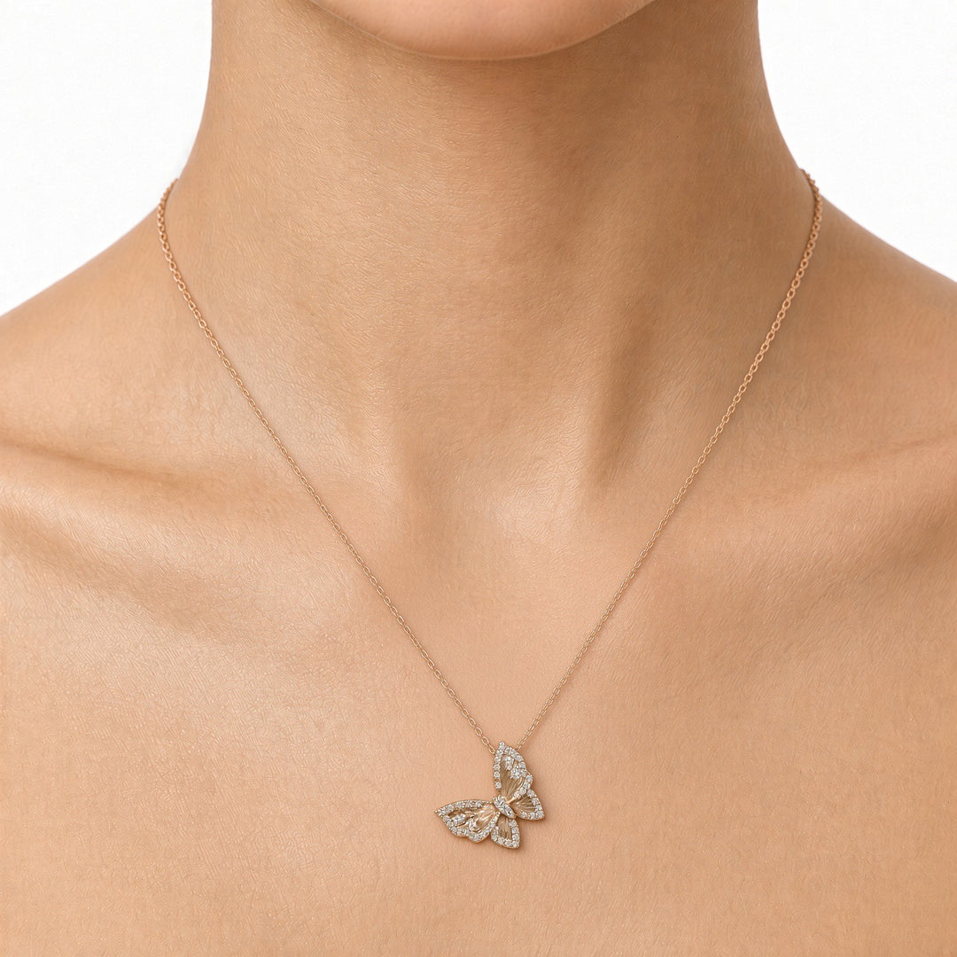18K Rose Gold Butterfly Pendant Necklace with 0.45CT Natural Diamonds