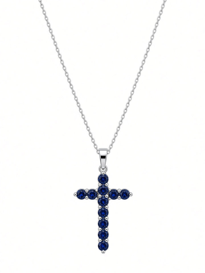 1.56 CT Lab-Grown Sapphire Cross Pendant in 14K White Gold