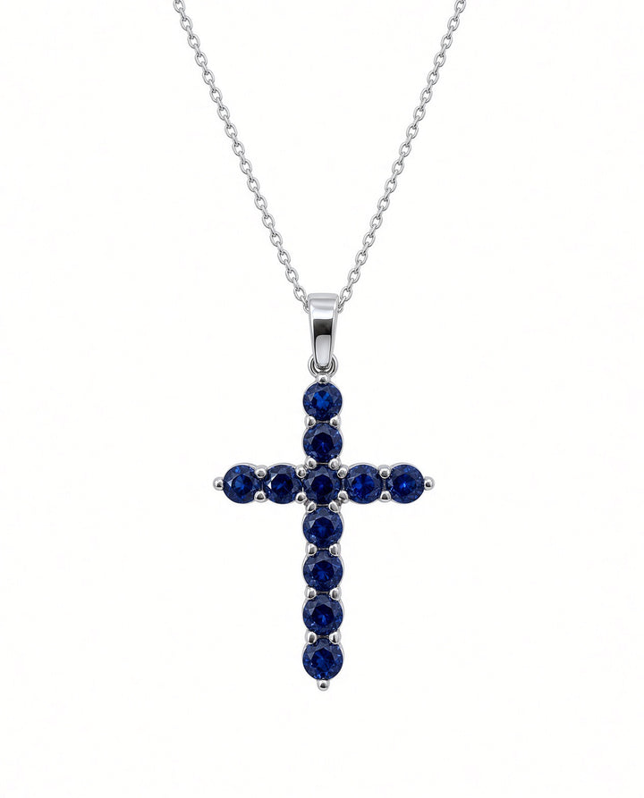 1.56 CT Lab-Grown Sapphire Cross Pendant in 14K White Gold