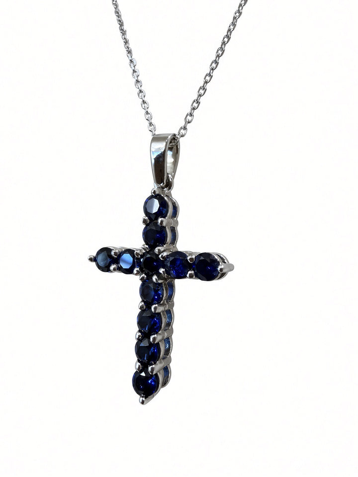 1.56 CT Lab-Grown Sapphire Cross Pendant in 14K White Gold