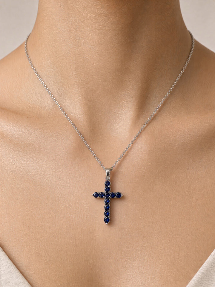 1.56 CT Lab-Grown Sapphire Cross Pendant in 14K White Gold