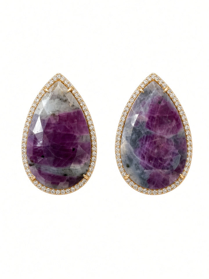 One of a Kind Natural Cabochon Sapphire Earrings with 1.68 CT Diamond Halo in 18K Rose Gold