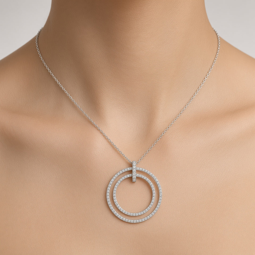 2.11 CT Natural Round Brilliant Diamond Double Circle Pendant Necklace in 14K White Gold