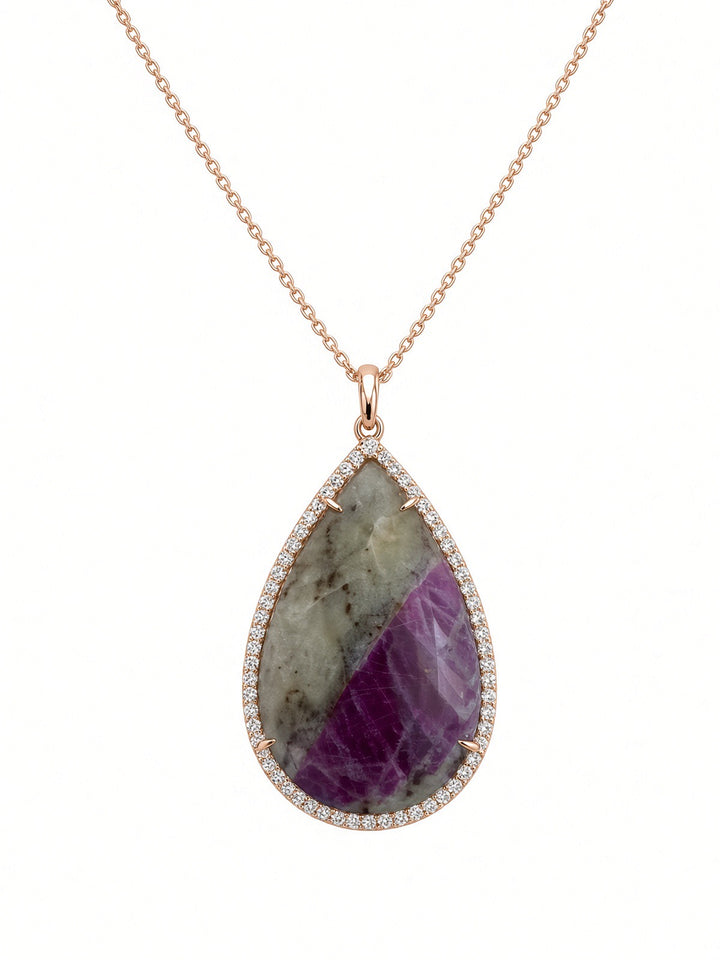 46 CT Sapphire Pendant Necklace with 1.93 CT Natural Diamond Halo in 14K Rose Gold