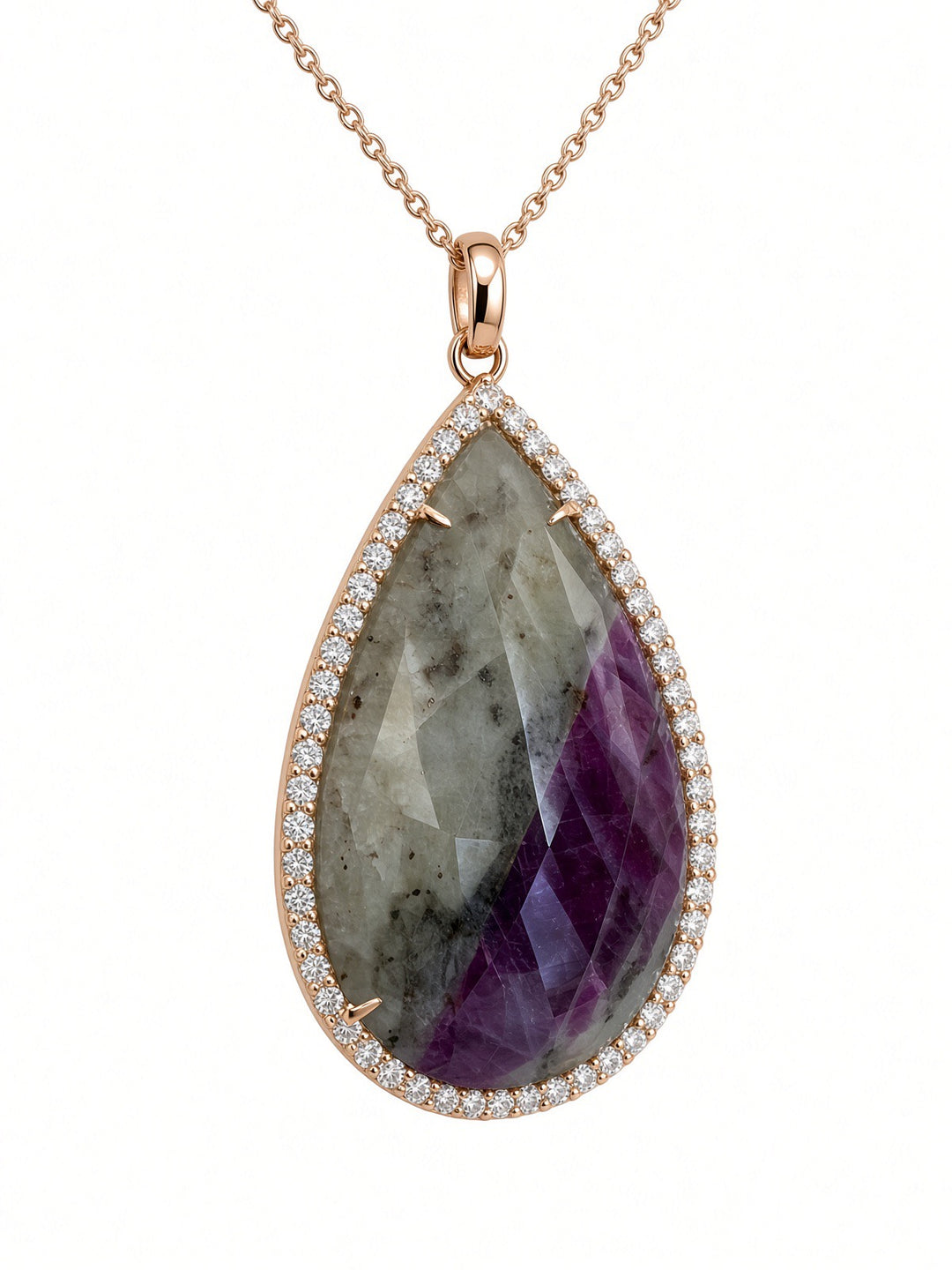 46 CT Sapphire Pendant Necklace with 1.93 CT Natural Diamond Halo in 14K Rose Gold