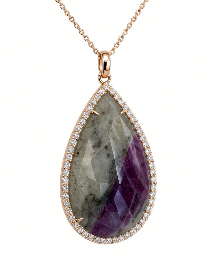 46 CT Sapphire Pendant Necklace with 1.93 CT Natural Diamond Halo in 14K Rose Gold