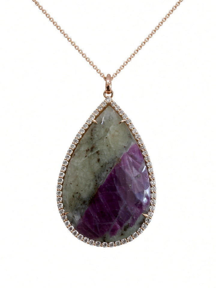 46 CT Sapphire Pendant Necklace with 1.93 CT Natural Diamond Halo in 14K Rose Gold