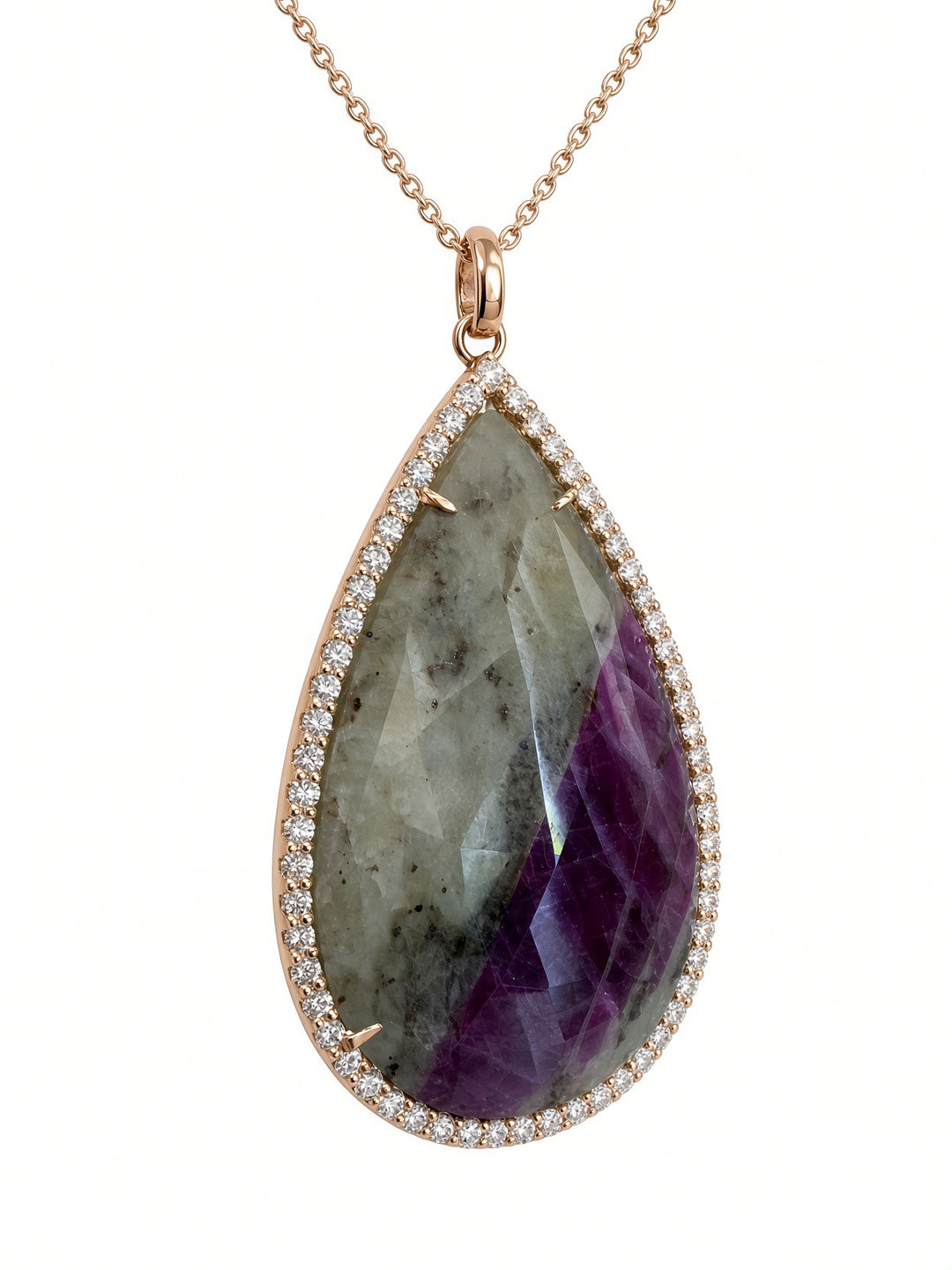 46 CT Sapphire Pendant Necklace with 1.93 CT Natural Diamond Halo in 14K Rose Gold