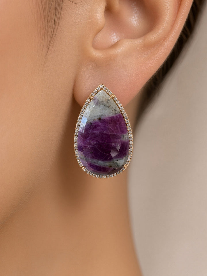 One of a Kind Natural Cabochon Sapphire Earrings with 1.68 CT Diamond Halo in 18K Rose Gold