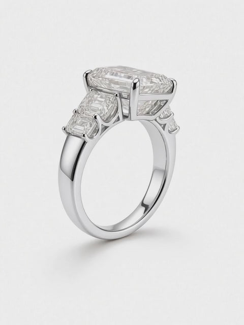 14K White Gold Five Stone Engagement Ring with 6CT Emerald Cut Lab Diamond Center Stone