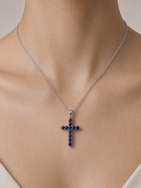 1.56 CT Lab-Grown Sapphire Cross Pendant in 14K White Gold