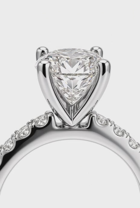14K Yellow Gold Engagement with 2.54CT Elongated Cushion Lab Diamond in a Classic Four Prong Diamond Band Setting