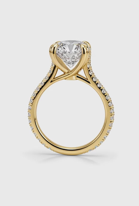14K Yellow Gold Engagement Ring With 3.08CT Round Cut Lab Diamond in Double Four Prong Setting, With 0.59CT Natural Diamond on the Sides