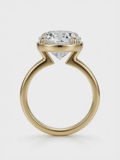 14K Gold Solitaire Engagement Ring, 3.02CT Round Cut Lab Diamond Low Bezel Setting