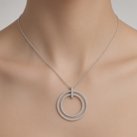 2.11 CT Natural Round Brilliant Diamond Double Circle Pendant Necklace in 14K White Gold
