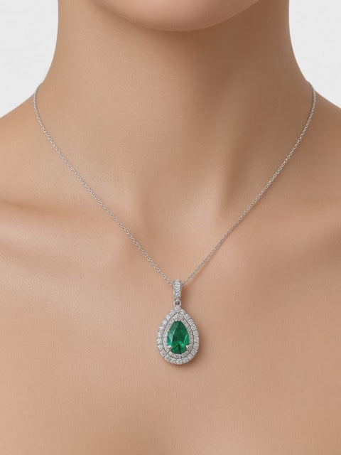 Aria 1.14CT Lab Emerald &amp; Natural Diamond Pendant in 18K White Gold on a 14K White Gold Chain