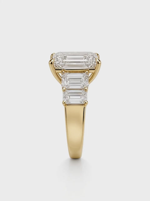 14K White Gold Five Stone Engagement Ring with 6CT Emerald Cut Lab Diamond Center Stone