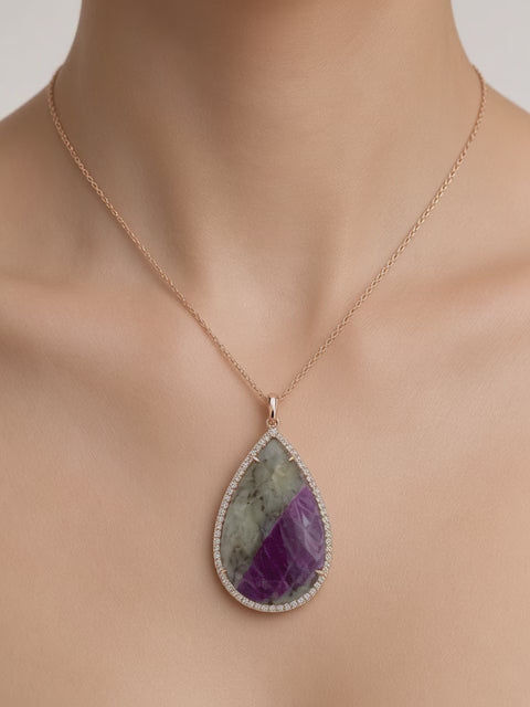 46 CT Sapphire Pendant Necklace with 1.93 CT Natural Diamond Halo in 14K Rose Gold