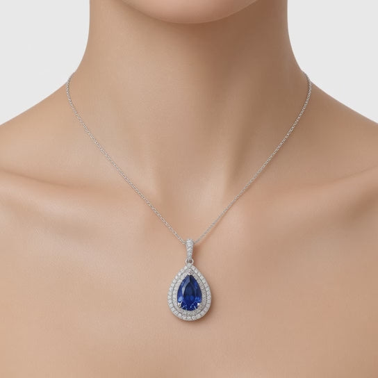 Aria 2.51CT Lab Sapphire &amp; Natural Diamond Pendant in 18K White Gold and 14K White Gold Chain