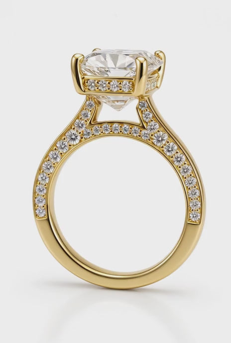 14K Yellow Gold Engagement 3.05CT Elongated Cushion Cut Lab Diamond with Under Halo and Diamonds on Profile